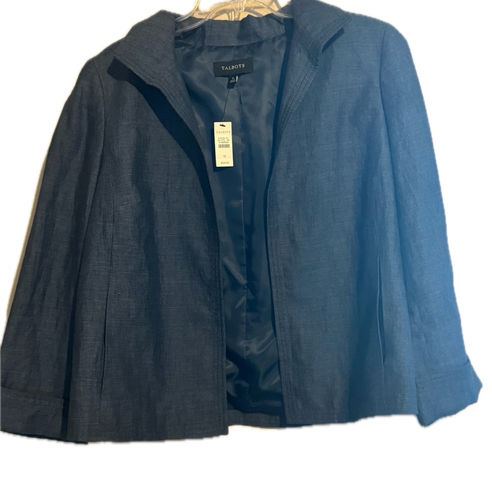 NWT TALBOTS Women Size 12 Blue Linen Chambray Open‎ Front Pocket Blazer
Jacket